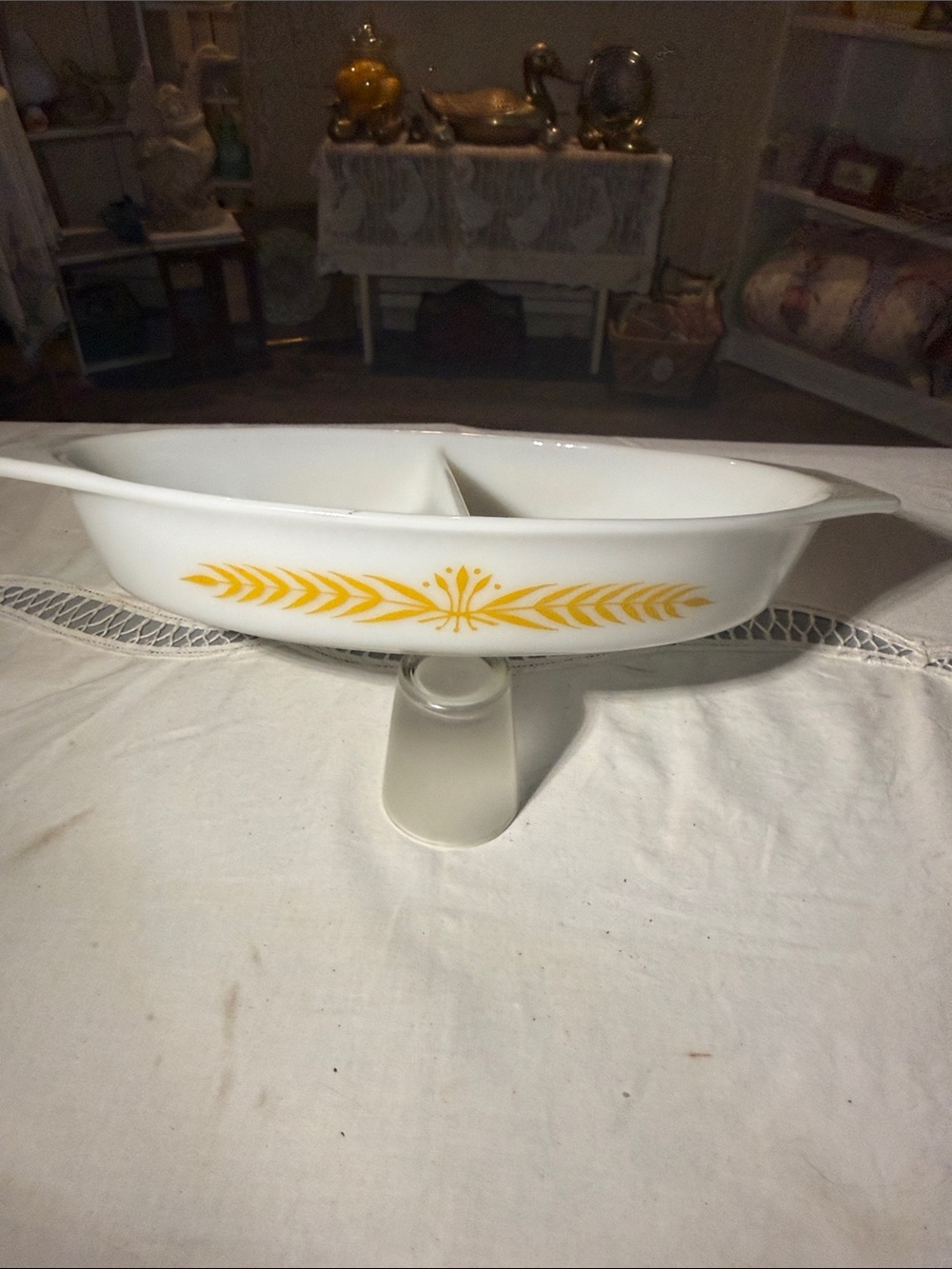 Pyrex White Glass Divided Pedestal Serving Dish with Yellow Wheat Motif